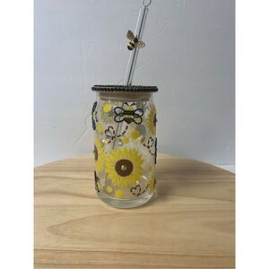 Handmade Bees and Sunflowers 16 oz glass cup with straw topper